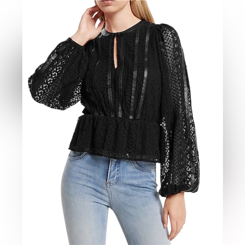 Express Black Long Sleeve Lace Peplum Top with faux leather details size Small